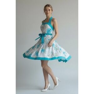 Halter Dress Pinup Swing Dance Blue Floral Crinoline Rockabilly 50s Small NEW